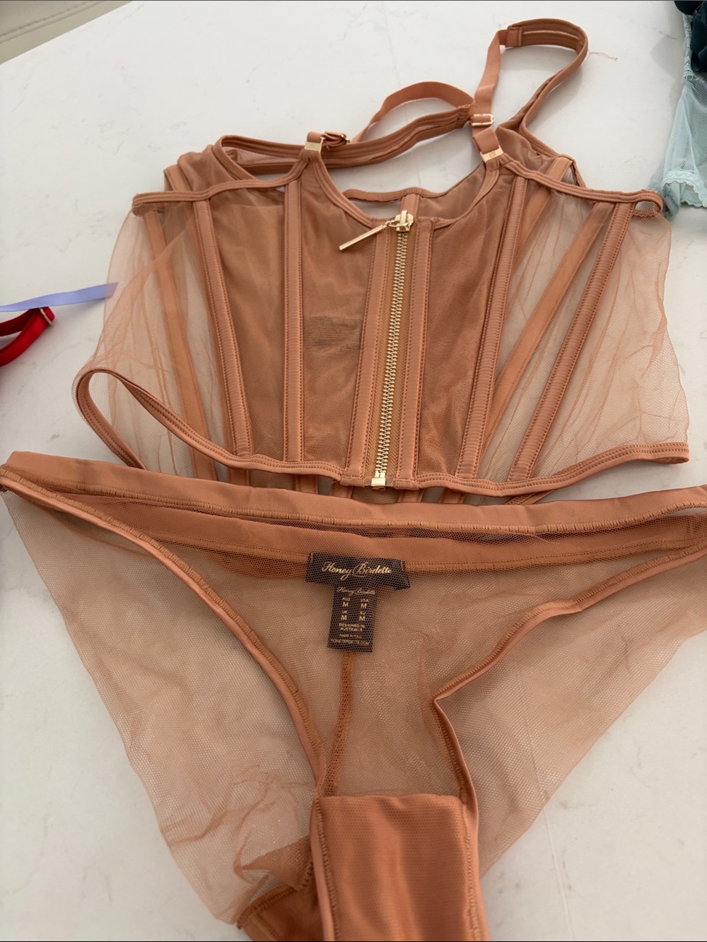 Honey Birdette Sheer Mesh Corset Set in Tan